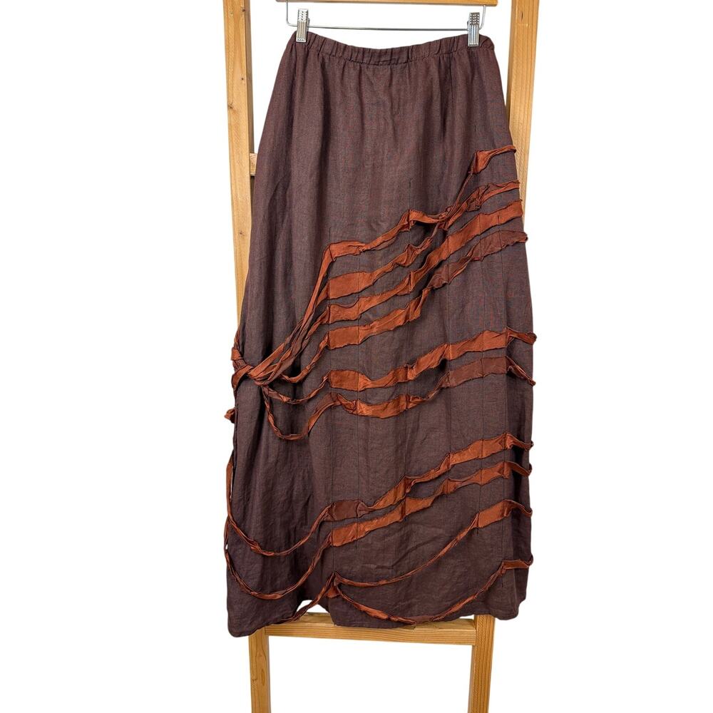 Cynthia Ashby Brown Linen Skirt Orange Silk Ribbons Art-to-Wear Size L